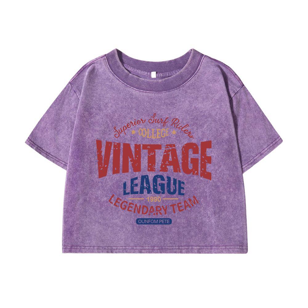 

Woman Cotton Crop Washed T-Shirts Vintage League Letter Prints Short Sleeve Loose O-Neck Distressed Tops Clothes M