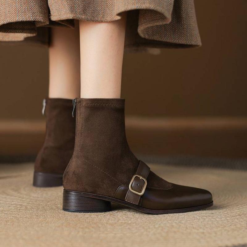 New low-heeled suede elastic medium boots non-slip rubber sole square-heeled large-size women's boots autumn and winter square-head Martin boots