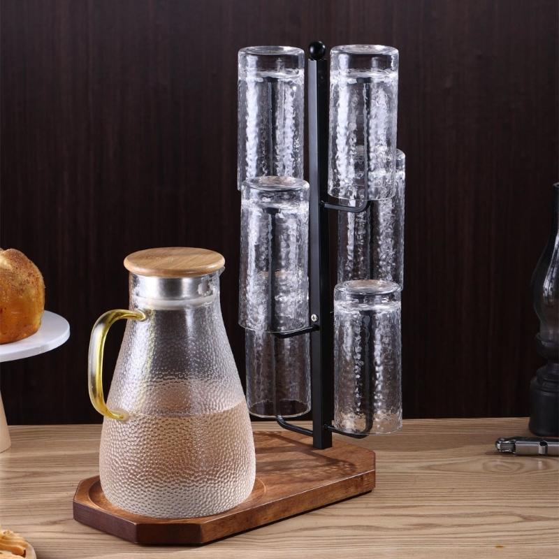 Sturdy Metal Wood Cup Holder Coffee Mug Rack with 6 Hooks and Wooden Tray Counter Display Stand for Kitchen Accessories