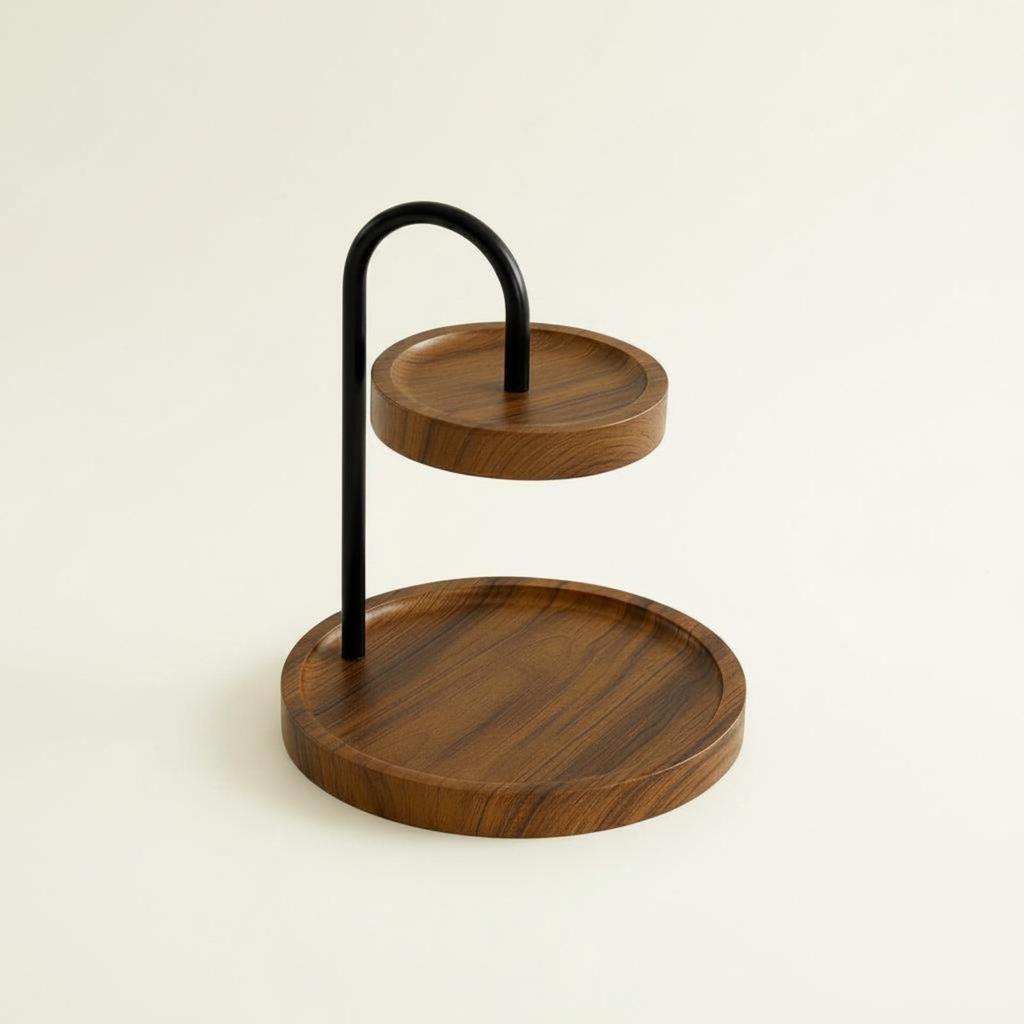 TwoTier Tabletop Rack WoodGrain Finish Round Storage Black Metal Countertop Organizer for
