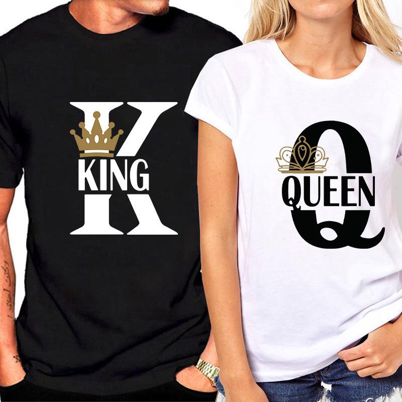 

2022 KING QUEEN Letter Корона Печатные футболки Летние повседневные O-образный вырез с коротким рукавом Тройники Пара Влюбленные футболки Топы Одежда
