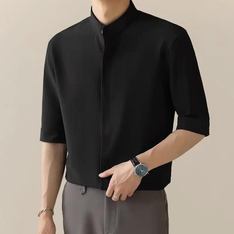 Pánská bílá košile s mandarínským límcem, krátký rukáv, ležérní, volný střih, pracovní top