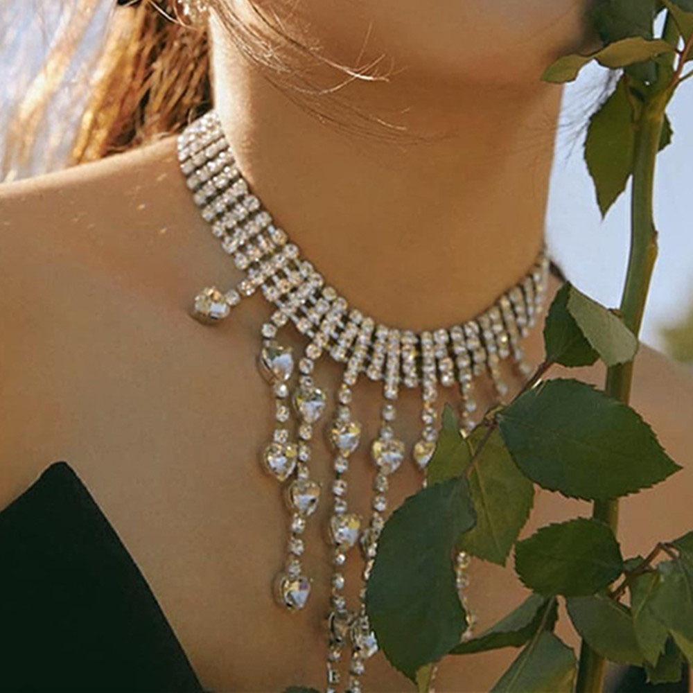 Fashion Accessories, Exaggerated Full Diamond Long Fringed Neck Chain, Trendy Versatile Multi-Layer Love Necklace