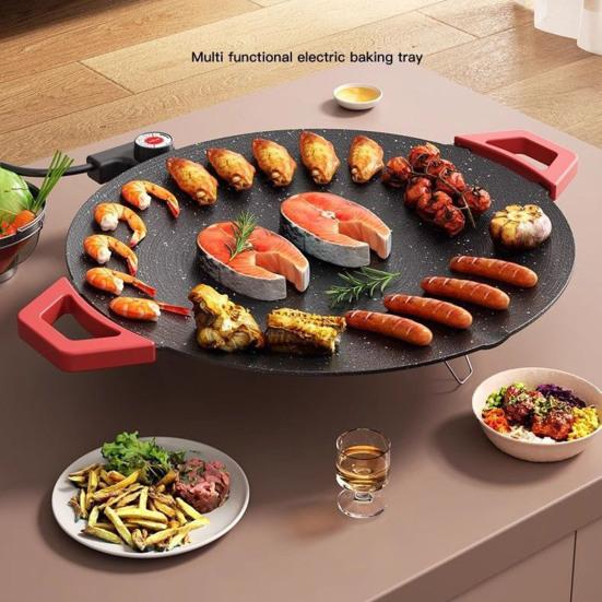 Elektrische Bakplaat Rookvrij Binnen Koken Anti-aanbak Ronde Bakplaat met Verstelbare Temperatuurregeling Groente Grillplaat