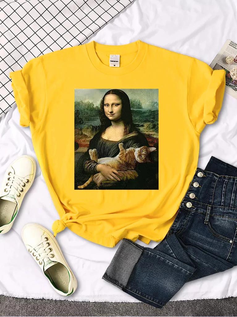 Mona Lisa T Shirts Funny Cat Lovely Cute Printed TShirt for WomenS Crewneck Gothic Women Tshirt Casual Female Tee Shirts