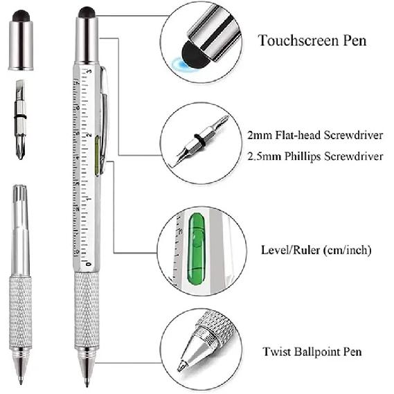 7 in 1 Multifunctional Pen Touch Screen Stylus Capacitive Pen with Screwdriver Ruler Levelgauge Refillable Ballpoint Pencil Tool