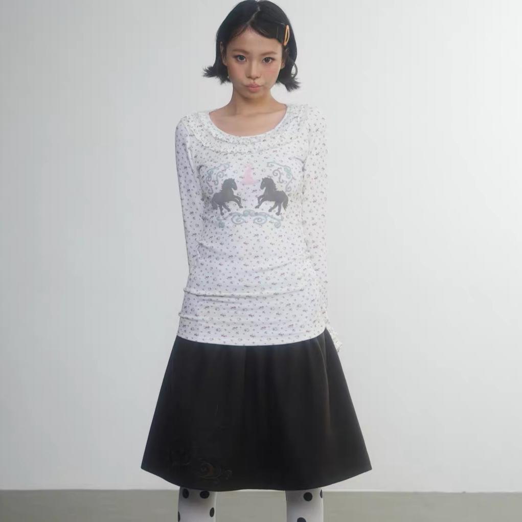Y2k Aesthetic Cartoon Printing Vintage Fairy T-shirt Ruffled Cute Women Casual Tshirts Harajuku Grunge Ruffled Tees