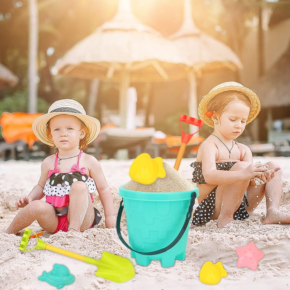 6 Piece Sand Toy Beach Toy Set with Sand Wheel, Truck, Sand Molds, Bucket, Shovel, Water Toy Set, Outdoor Toy for Boys Girls 3 4 5 6 7 Years