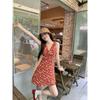 Red retro floral suspender dress women's summer new tea pure desire French temperament V-neck Hong Kong style skirt