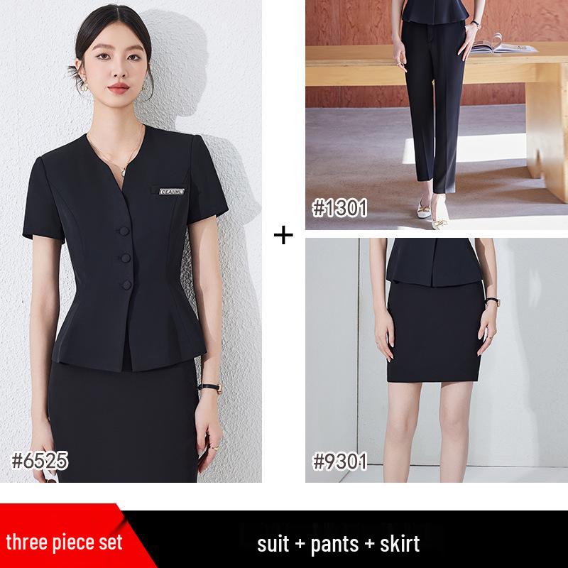 Women's Dark Blue Short-Sleeved Suit Set - Summer Professional Attire for Hotel and Jewelry Store Front Desk.