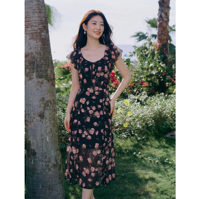Qiu Shui Yi Ren Ruffled High-Waist A-Line Printed V-Neck Dress M