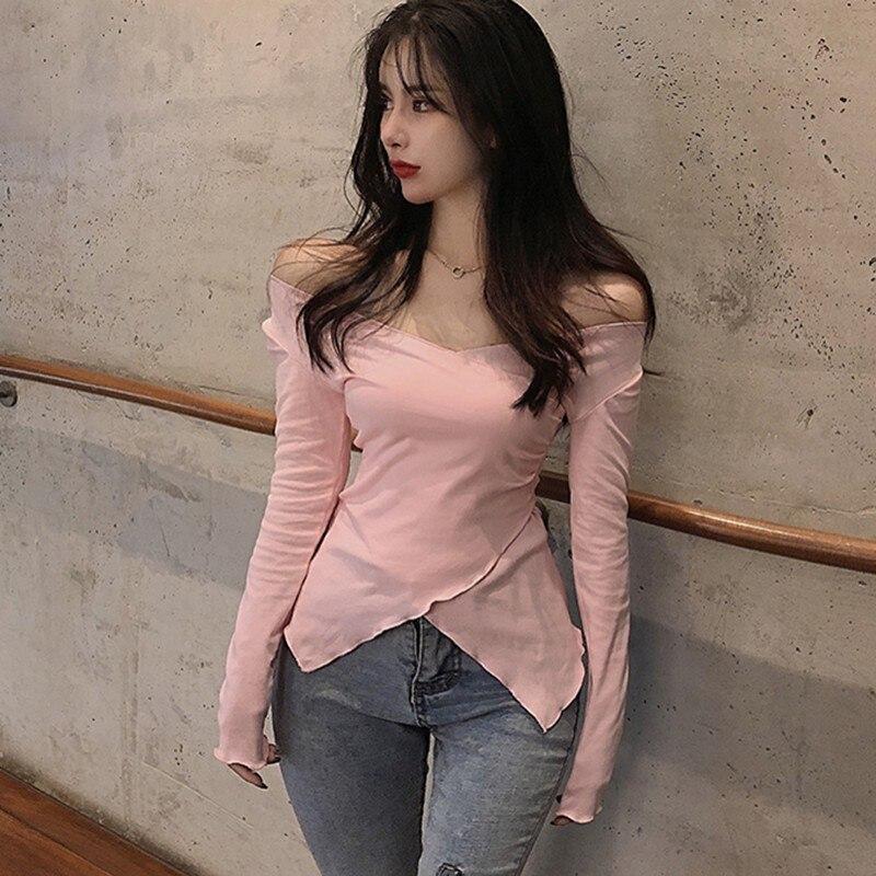 Korean Style Long Sleeve Solid Color T Shirts Women Sexy V-neck Split Womens Fashion Casual Top Tee Shirt