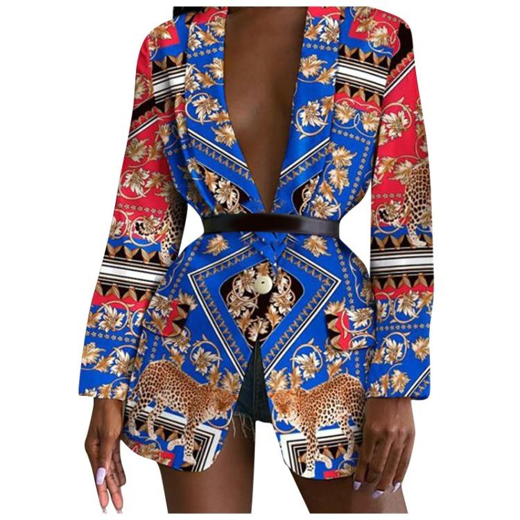Long Sleeve Open Front Coat Women Fashion Color Print Suit Jacket