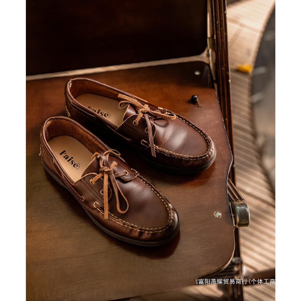 New Zealand oil wax cowhide, classic American loafers handmade haute couture soft sole retro sailing shoes women