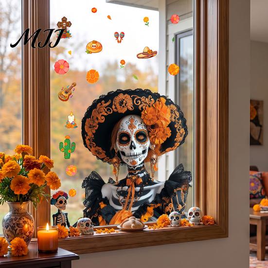Celebration Accessories Day of The Dead Window Clings, Halloween Double-Sided Skull Sticker, Decals Colorful Flower Skeleton Static for Mexican House