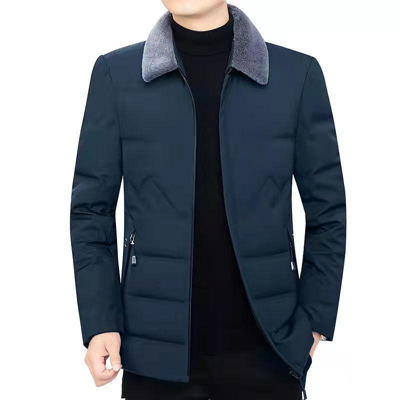 Men's Middle-Aged Warm Down Jacket with Detachable Fur Collar and Fleece Lining