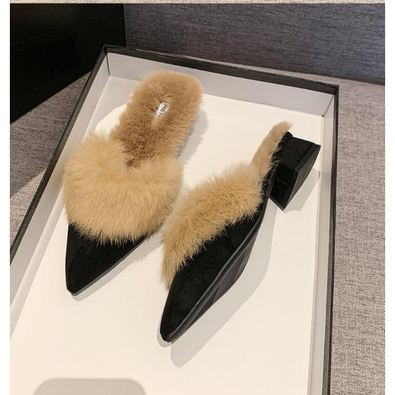 Fashion Fashion Fluffy Fur Slippers Women Wear Pointed Warm Mule Shoes 2025 Winter New Woman High-end Low Heel Plus Velvet Party Slides