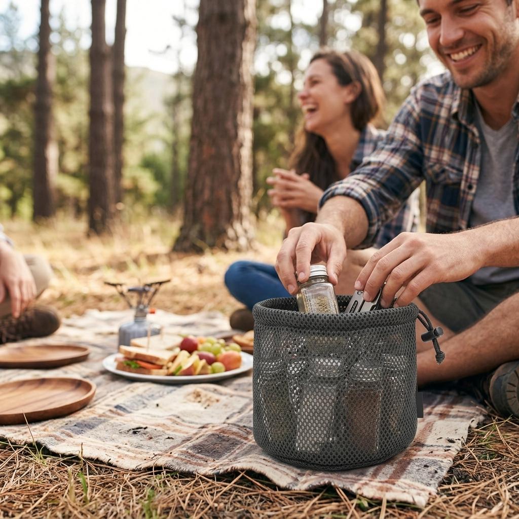 Camping Mesh Storage Bag Round Bottom Waterproof Breathable Nylon for Cups Utensils Outdoor Hiking Picnic Durable Organizer