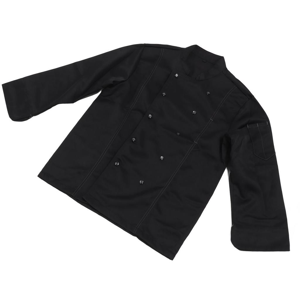 Long Sleeve Stand Collar Chef Coat Men Women Kitchen Button Up Chef Uniform Jacket for Restaurant Black M