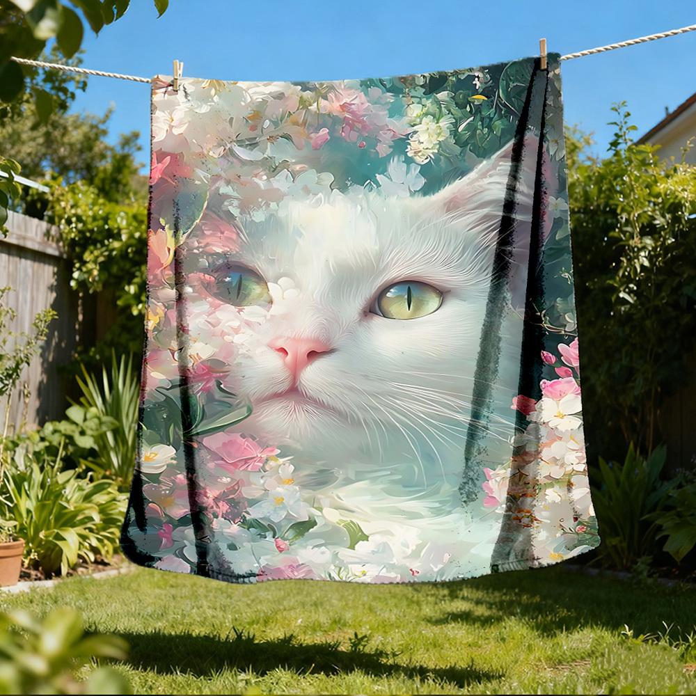 1pc Floral Cat Print Outdoor Flannel Blanket Soft All Season Polyester Throw , Perfect for Picnics & Travel , Picnic Accessory