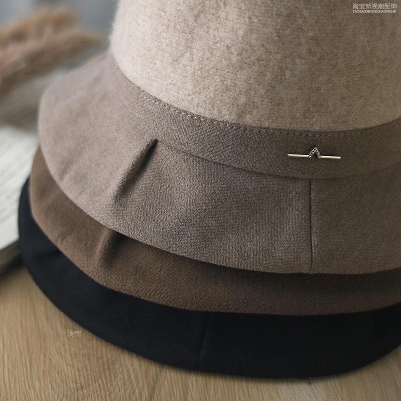Autumn and winter new bucket hat women's pleated brim versatile wool blend winter warm temperament elegant basin hat