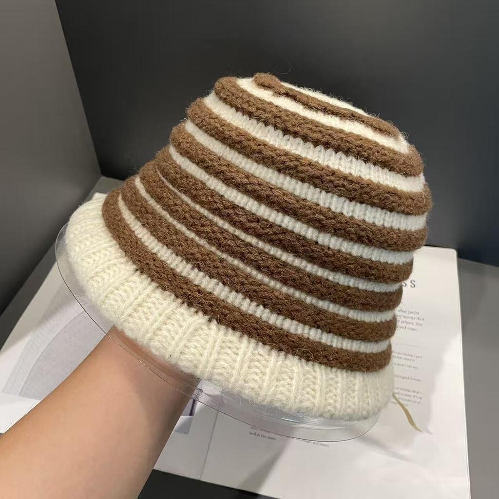 Koreanischer Stil Retro Gestreifte Gestrickte Fischerhut für Damen im Herbst und Winter Vielseitig Gesichtsfreundlich Kleines Temperament Warmer Wolliger Eimerhut
