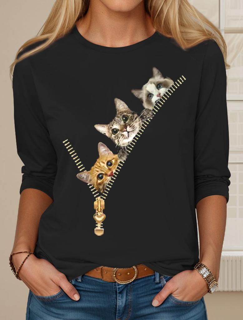 Fashion Design Women's T Shirts 3D Print Kawaii Cat Graphics Long Sleeve Crew Neck Regular Fit Spring/Fall Thin Style Sportwears
