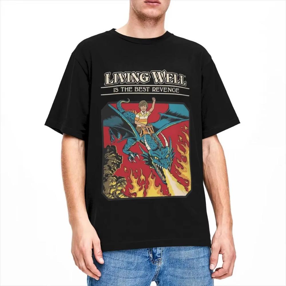 Living Well Dragon Parody Accessories T-Shirts Men Women Vintage Fantasy Crazy Graphic Print Cloth
