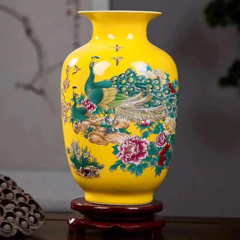 Jingdezhen Keramik Gelbe Pfau Blume Vase Neu Chinesisch Heim Desktop Arrangement Wohnzimmer Dekoration Arrangement