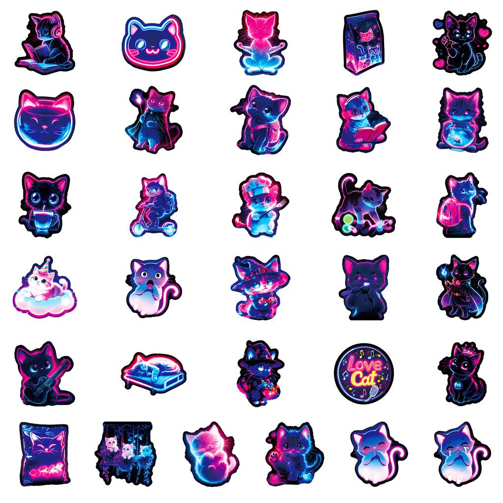 56Pcs Neon Light Animal Cat Cartoon Stickers Aesthetic Decal Diy Skateboard Phone Cup Suitcase Cute Decoration Sticker For Kid