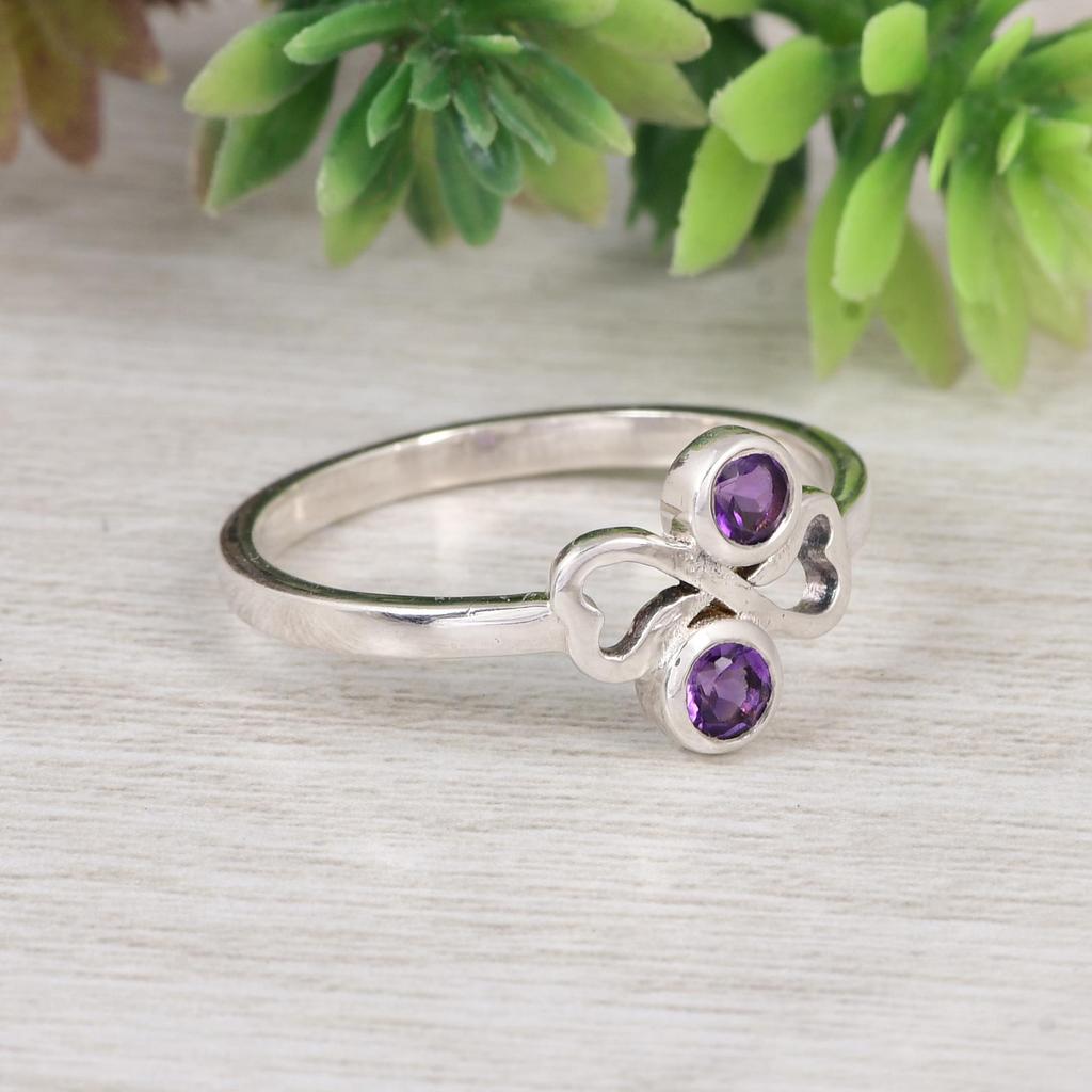 Natural Amethyst Double Stone Ring  | 925 Sterling Silver Minimalist Ring | February Birthstone Ring | Dainty Gemstone Ring | Gift for Her