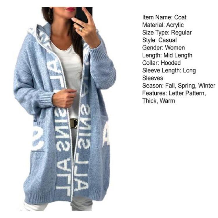 Cappotto Invernale da Donna Maglione Lungo con Cappuccio Autunno Spesso Caldo Lavorato a Maglia Lunghezza Media Ampio Chiusura con Zip Tasche Fantasia Lettere