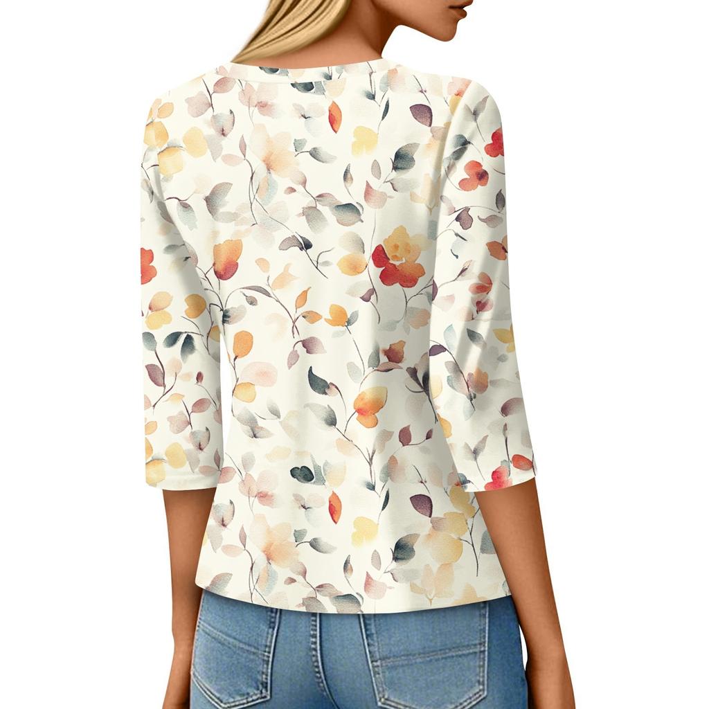 Women's Fashion Casual Round Neck Printed 3/4 T-shirt Top