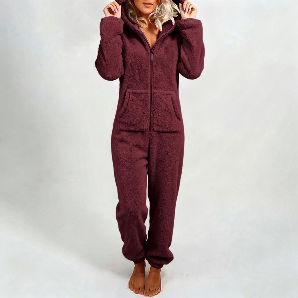 Women's Fashion Fleece-Lined Thickened Fleece Hooded Pyjamas With Zip-Up Onesie