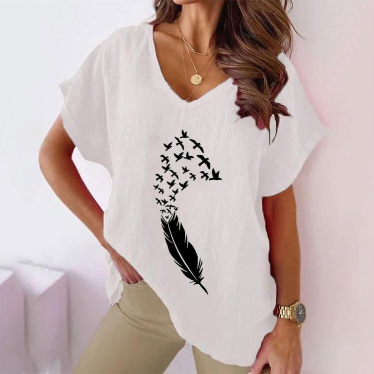 Women's Large Size Summer Casual V-neck Bat Short-sleeved Cotton Hemp Swallow Print T-shirt
