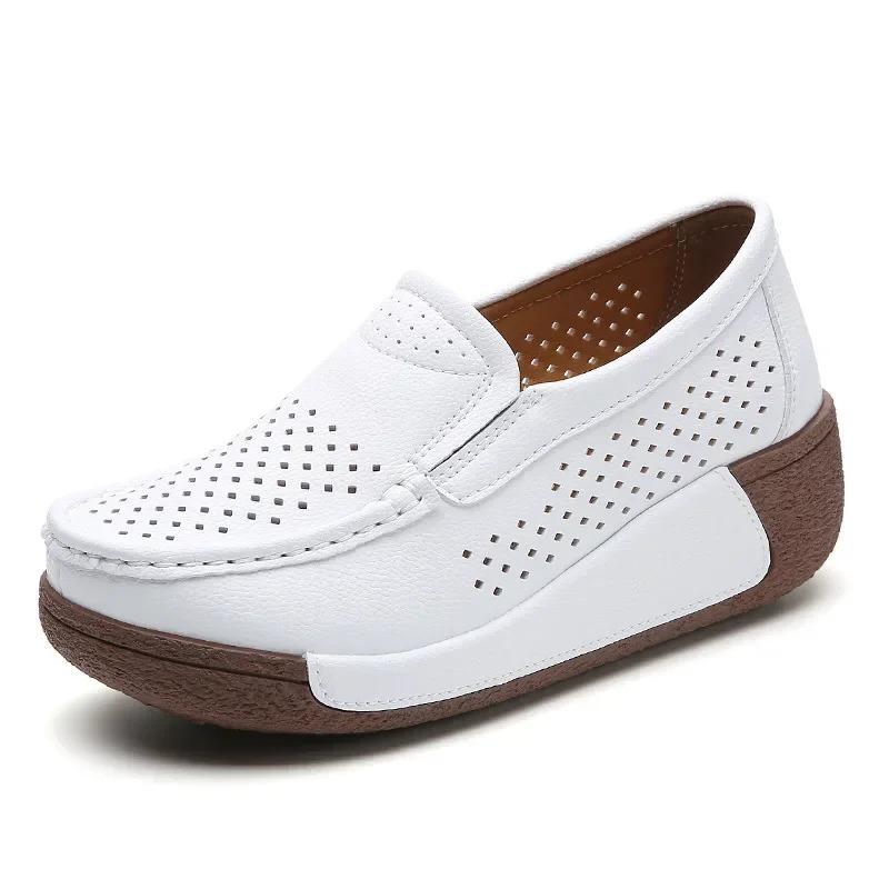 Spring and Summer Women Fashion Loafers Genuine Leather Moccasins Autumn Slip-on Casual Round Toe Wedge Platform Rocking Shoes