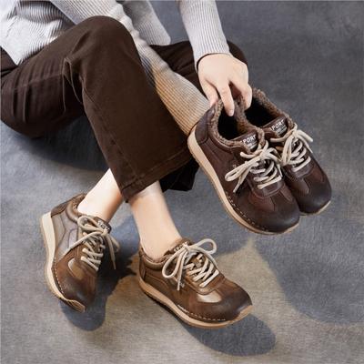 Genuine Leather Plush Warm Women's Shoes Casual Soft Soled Sports Shoes Versatile Lace Up Cotton Shoes