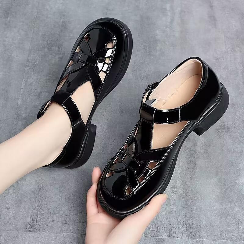 

Женские сандалии летняя обувь новый стиль женская обувь голова толстый каблук полый плетеный одна линия пряжка кожаная обувь C1395 40 чёрный