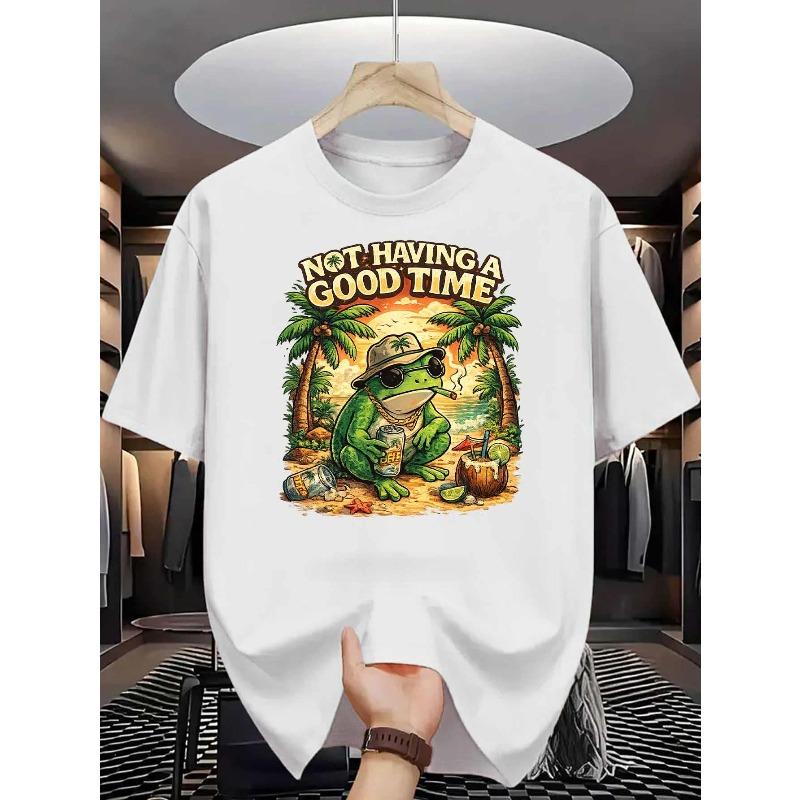 

European sizes Beach Frog Men s Cotton TShirt Tropical Vacation Frog with Fashion Glasses and Coconut Drink Print Pattern Pure Cotton Premium Print S белый