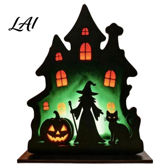 Haunted House Decoration Witch Wooden Table Centerpiece Spooky Castle Black Cat Standing Matte Halloween Tabletop Ornament for Party Desk