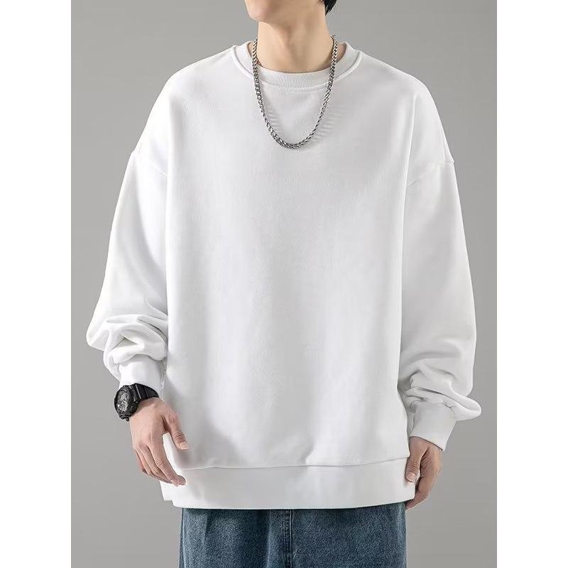 Men's 320g Heavyweight Round Neck Loose Pullover Hoodie - Autumn Long Sleeve Solid Color Outerwear.