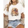 European Sizes 1pc Women'S Casual Short Sleeve T-Shirt - Golden Retriever & Floral Print, White Smiling Dog with Roses & Butterflies