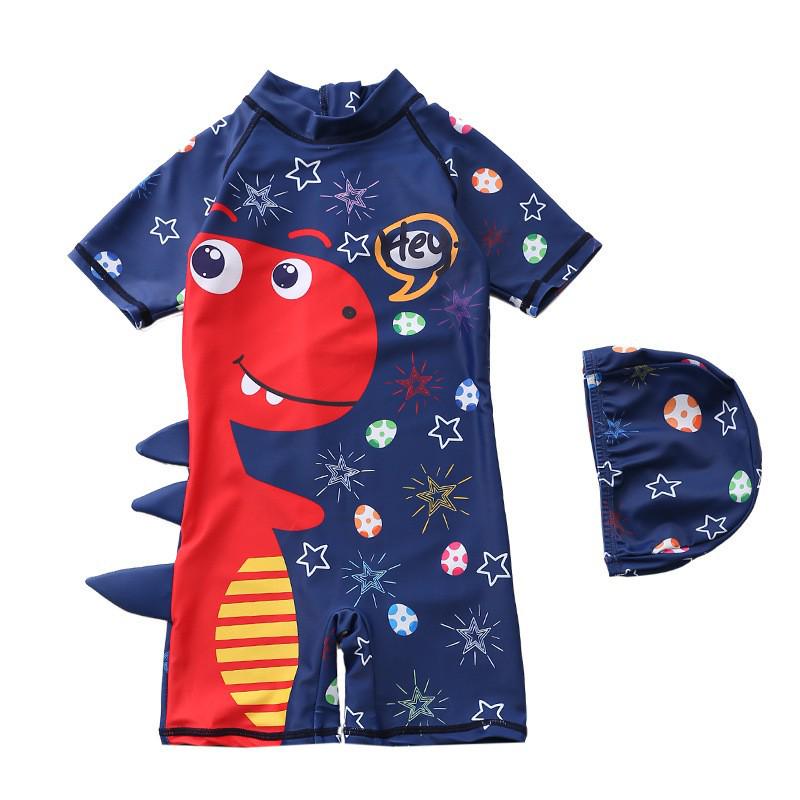 Boys Cute Dinosaur Color Block Zipper Swimwear Set - One-Piece & Two-Piece L (90-100 cm, 26-32 jin)