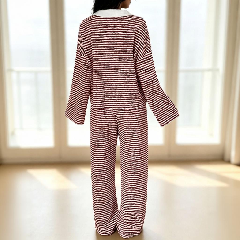 Women's 2 Piece Set - Striped Collar Long Sleeve Top with Flowy Wide Leg Pants for Casual Daily Wear