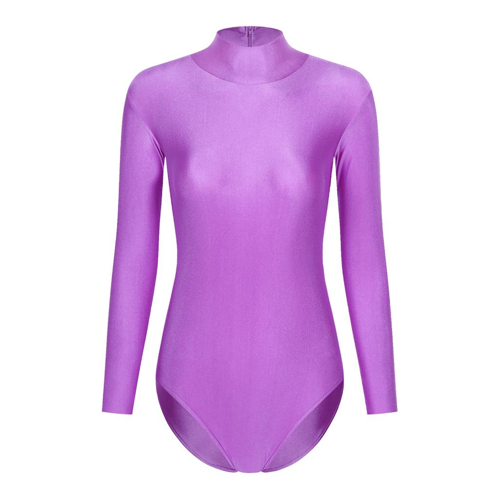 Damen-Body mit Stehkragen und langen Ärmeln, einfarbig, mit Reißverschluss hinten, dehnbarer Trikot-Gymnastik-Tanz-Overall