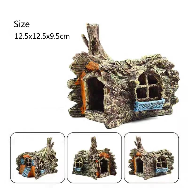 Resin Aquarium Bark Cave Ornament Fade-Resistant Hideaway with Fake Plant Coral Rock for Freshwater Saltwater Tank