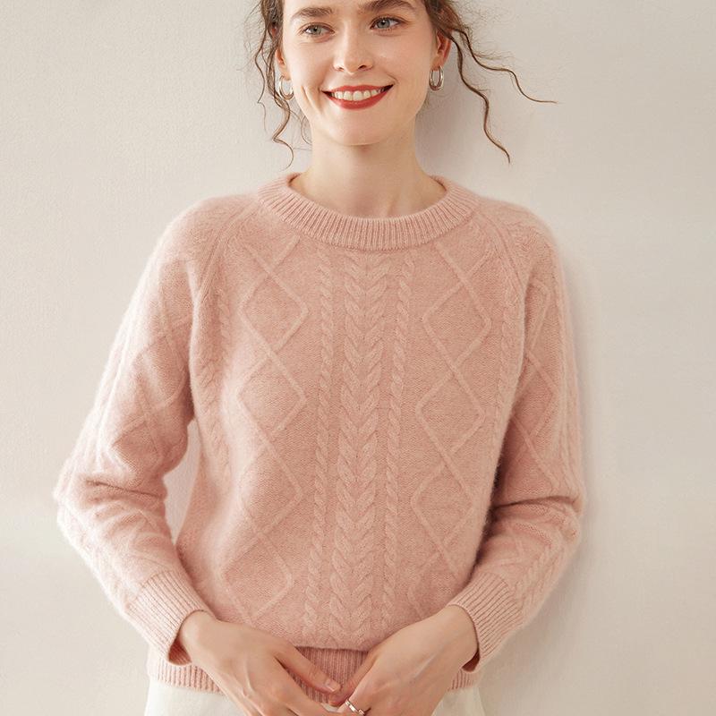 Women's Thickened Cashmere Raglan Sweater - Long Sleeve Jacquard Knit Pullover with Round Neck