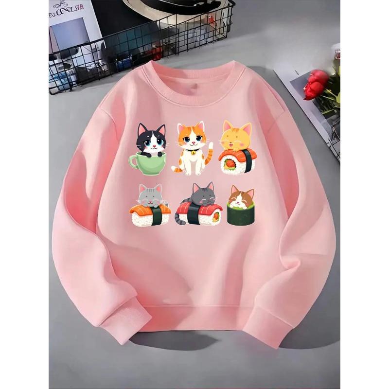 Kids Crewneck Hoodie, Cute Cats Sushi Cup Print,Casual Sportswear for Spring & Autumn
