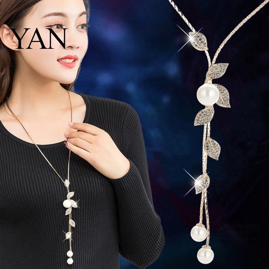 Exquisite Necklace Faux Pearl Tassel Leaves Pendant Accessories Sweater Chain Jewelry Gift for Women