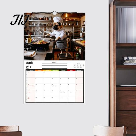 Home Study Room Decoration 2027 Pugs Working Wall Calendar, Funny Dog Hanging Office Organizer 12 Monthly Planner with Unique Illustrations for Decor